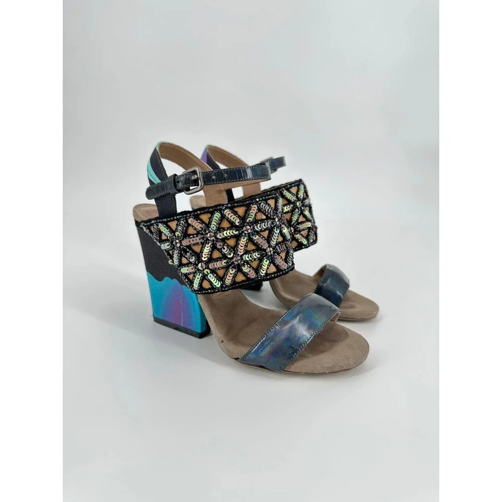 Dries Van Noten SS11 Sequin Embellished Iridescent Block Heel Sandals 36 / US 6